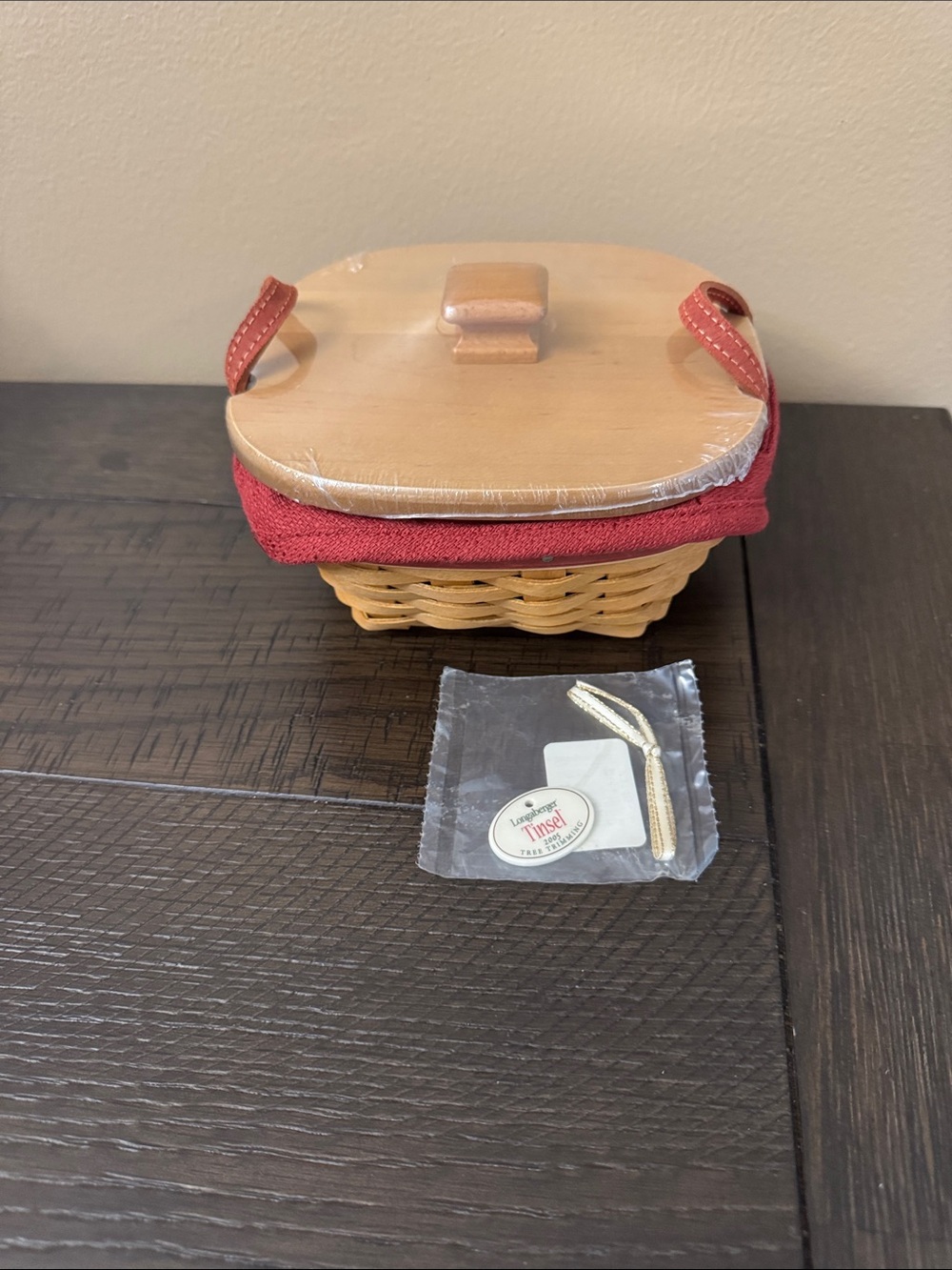 Longaberger Holiday Tinsel basket with red details, lid